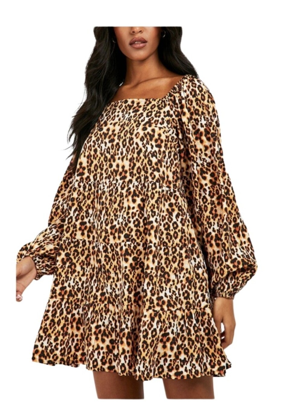 love, Fire Leopard Print Tiered Mini Dress - Tan/Black